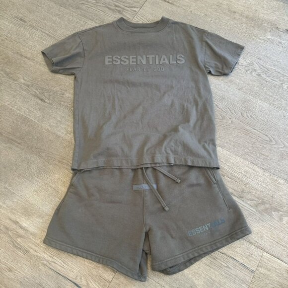 Olive Green Essentials Shorts Tee Short Set Outfit - Picture 1 of 9